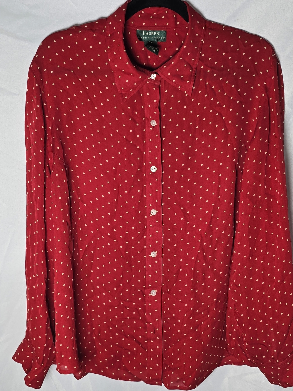 Lauren Ralph Lauren 100% Silk Red White Polka Dot Button-Up Holiday Blouse Sz 2x